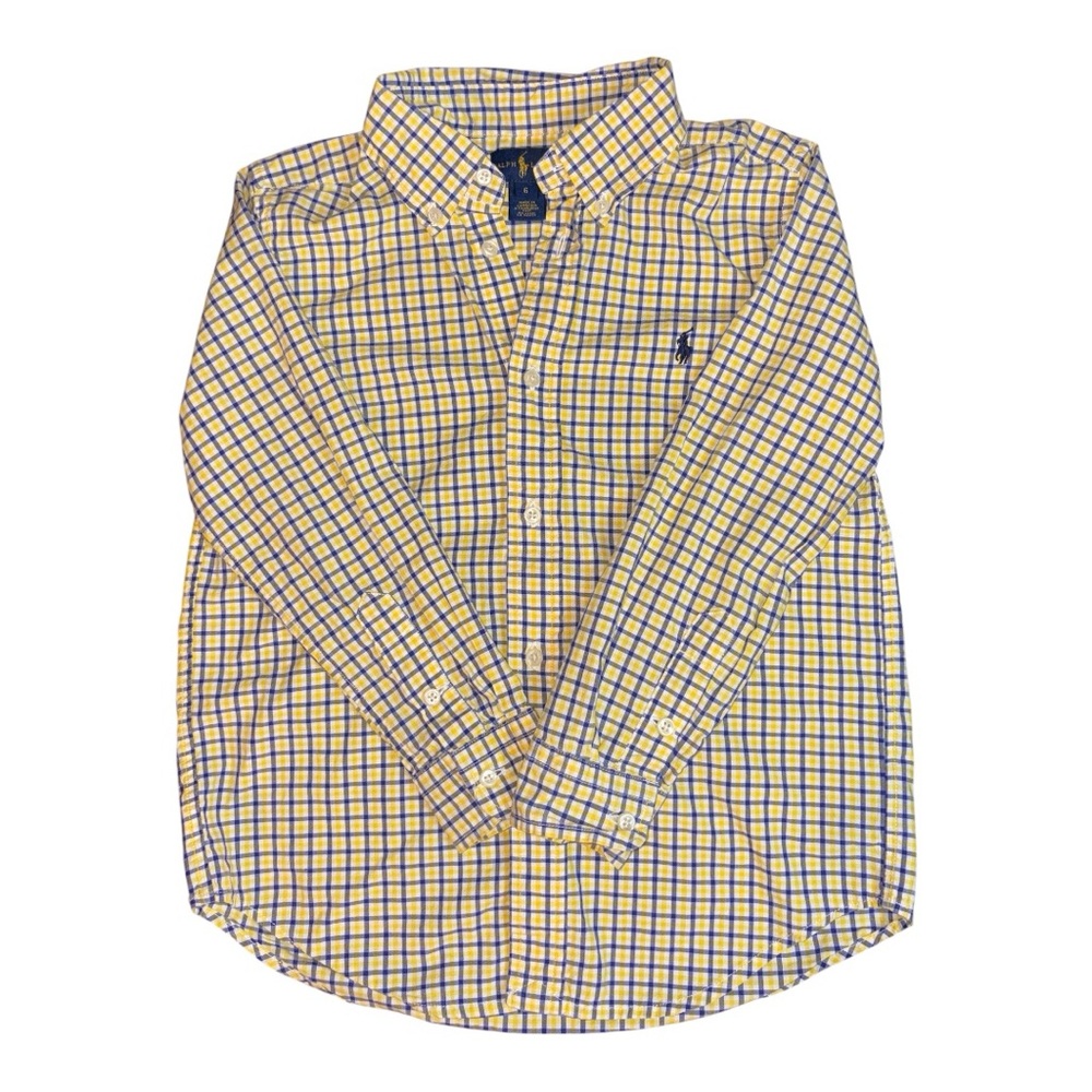 Ralph Lauren Boys 6 Yellow Blue Plaid Long Sleeve Button Down Shirt Pony Logo